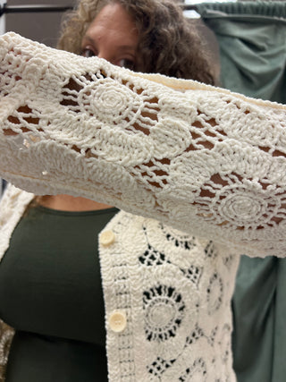 A close-up of a person wearing a cream-colored crocheted cardigan over a dark olive green top. The cardigan features intricate openwork crochet patterns and light-colored buttons.