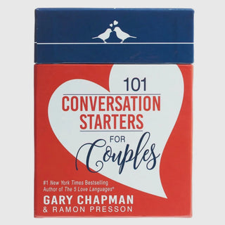 Box set titled '101 Conversation Starters for Couples' by Gary Chapman and Ramon Presson on a white background