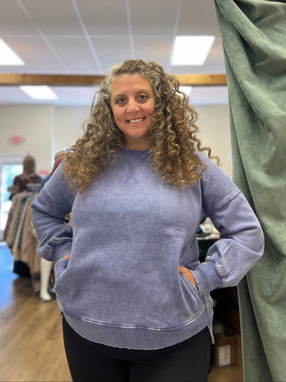 Acid Wash High Low Hem Crew Neck, Periwinkle