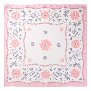 A square scarf with a delicate floral pattern, featuring pink flowers and gray leaves on a white background with a pink border.