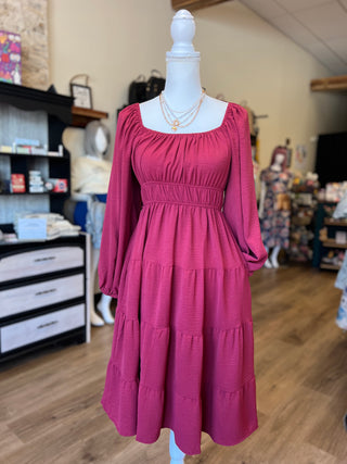 Long Sleeve Tiered Midi Dress, Brick Red