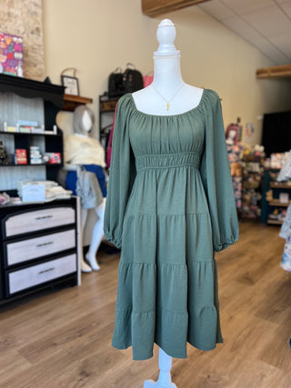 Long Sleeve Tiered Midi Dress, Olive