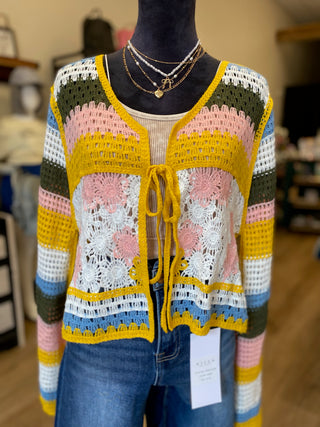Crochet V-Neck Cardigan, Yellow