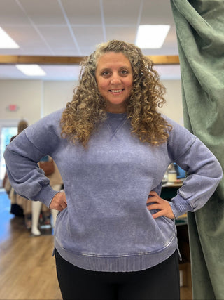 Acid Wash High Low Hem Crew Neck, Periwinkle