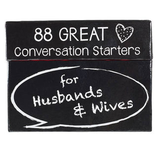 Black box with '88 Great Conversation Starters for Husbands & Wives' text on a white background