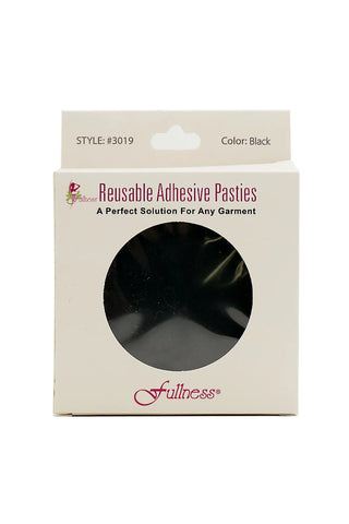 A package of Fullness Reusable Adhesive Pasties in black, shown in its original cream-colored cardboard box with a circular window.