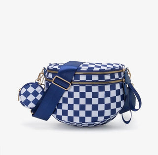 A blue and white checkered fanny pack with a matching small pouch, navy blue strap, and gold-tone hardware, shown on a light gray background.