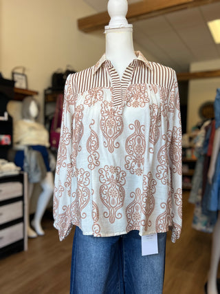 Taupe Woven Print Collared Top