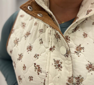 Close-up of a quilted vest with a cream and brown floral pattern, featuring a brown corduroy collar with silver snap buttons and a white snap closure.
