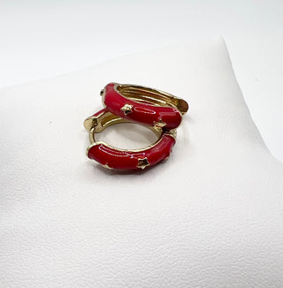 Vintage Cloisonne Star Huggie Hoop Earrings, Red