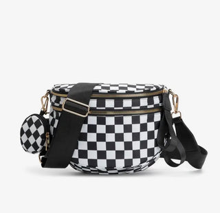A black and white checkerboard patterned crossbody bag with a matching small round pouch, displayed on a clean white background.