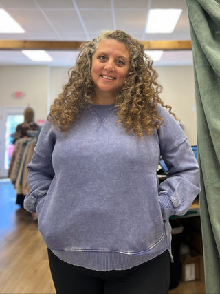 Acid Wash High Low Hem Crew Neck, Periwinkle
