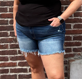 A person wearing light-wash blue denim shorts with a frayed hem and a black top, standing in front of a red-brown brick wall.
