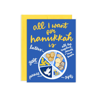 A blue greeting card with a yellow envelope behind it. The card features the text 'all I want for hanukkah is' in yellow script above a circular Passover Seder plate illustration with labeled sections for matzo, gelt, peace, and gifts.