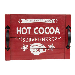 A red wooden decorative sign with black handles, featuring white text that reads 'CHRISTMAS BLEND HOT COCOA SERVED HERE' along with a white coffee cup graphic and snowflake details.