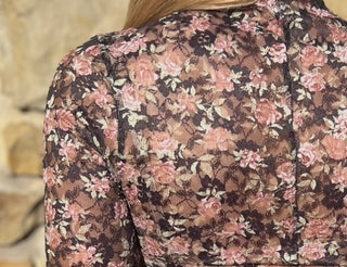 Ditsy Floral Sheer Long Sleeve Top, Black