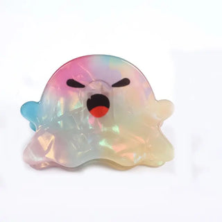 An iridescent, gel-like ghost-shaped accessory with a cartoon face, featuring pastel rainbow colors and black and red facial details, set against a plain white background.
