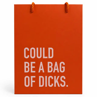 An orange paper shopping bag with orange rope handles and bold white text that reads 'COULD BE A BAG OF DICKS.' on a clean white background.