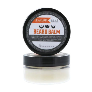 Beard balm container with label on a white background