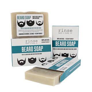 Beard soap bars and packaging from Rinse Bath & Body Co on a white background