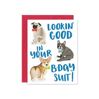 Greeting card with cartoon dogs and birthday message on a white background