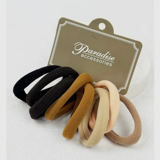Set of black, brown, and beige hair ties on a Paradise Accessories card.