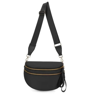Black crossbody bag with a strap on a white background