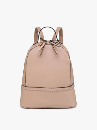 Beige backpack with a bow detail on a white background