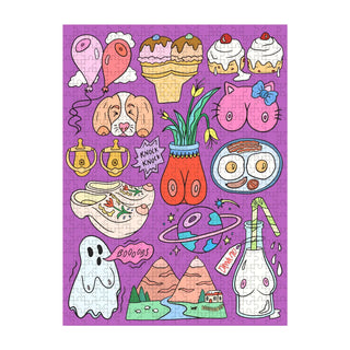 A colorful illustrated jigsaw puzzle featuring whimsical doodles on a purple background, including cupcakes, balloons, a dog face, a pink cat-shaped hat, a red flower pot with green leaves, a plate of eggs, a ghost, mountains, and a bottle with a striped straw.