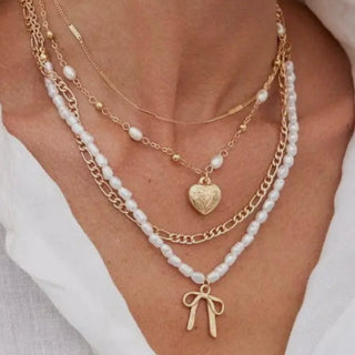 Bow-Pearl-Heart Pendant Layered Necklace