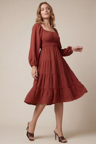 Long Sleeve Tiered Midi Dress, Brick Red