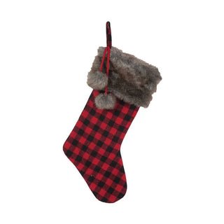 A red and black buffalo plaid Christmas stocking with a gray faux fur trim and pom-pom hanging loop, shown against a plain white background.