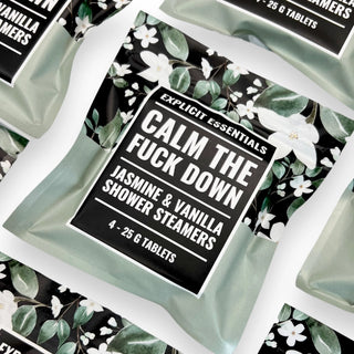 Packaging of 'Calm the Fuck Down' shower steamers with floral design