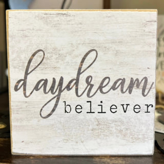 A square rustic wooden sign with a distressed white finish, featuring the phrase 'daydream believer' in dark gray lettering, displayed on a dark wooden surface.