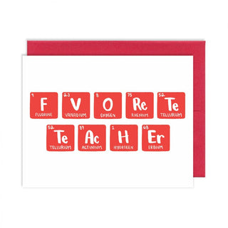 A white greeting card with red periodic-table-style letter tiles spelling 'FOREVER,' shown with a matching red envelope on a white background.