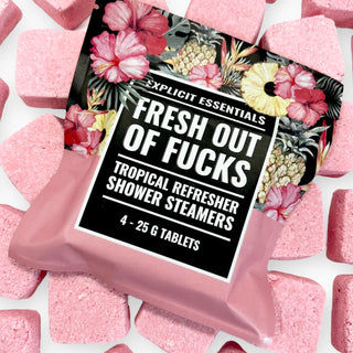 Pink shower steamers with a tropical-themed packaging label on a white background.