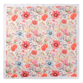 Floral patterned fabric with red, pink, and blue flowers on a white background