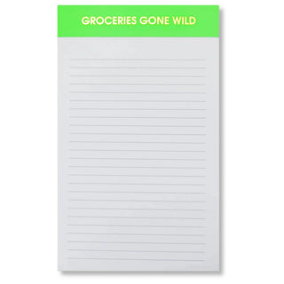 Notepad with 'Groceries Gone Wild' text on a green banner at the top
