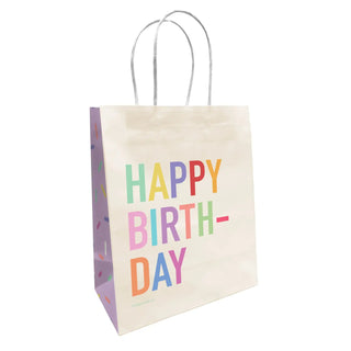 Gift bag with 'Happy Birthday' text in colorful letters on a white background