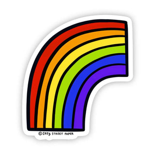 A die-cut vinyl sticker featuring a retro-style rainbow arch with black outlines and a white border, shown on a clean white background. The copyright text '© GREY STREET PAPER' is printed at the bottom.