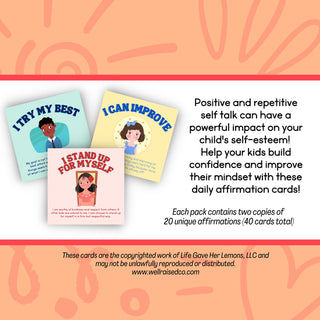 Promotional graphic for a pack of positive self-talk affirmation cards. Three sample cards are shown with illustrated characters and phrases like 'I TRY MY BEST,' 'I CAN IMPROVE,' and 'I STAND UP FOR MYSELF.
