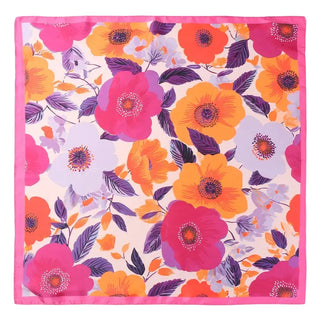 Floral patterned fabric with pink, orange, and purple flowers on a white background