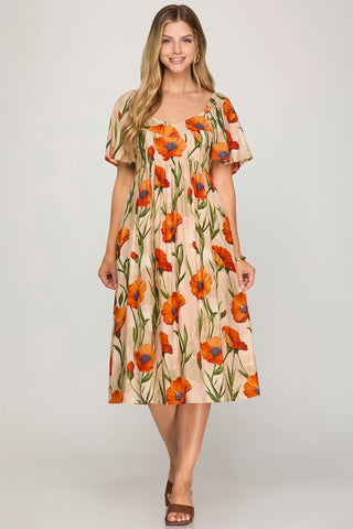 Orange Poppy Midi Dress