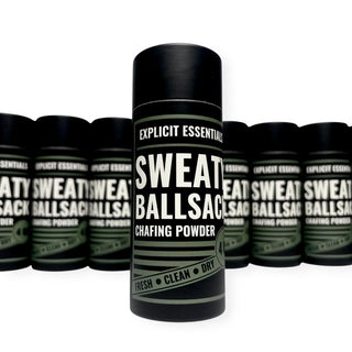 Can of sweat ballsac chafing powder with multiple cans in the background on a white background