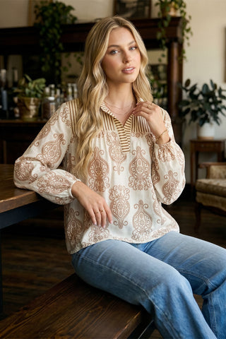 Taupe Woven Print Collared Top
