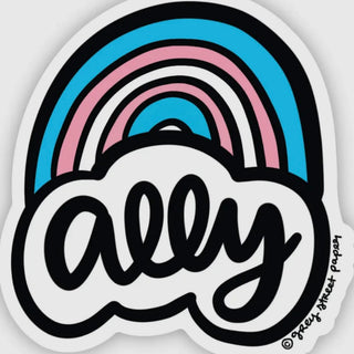 Sticker with rainbow design and the word 'ally' on a white background