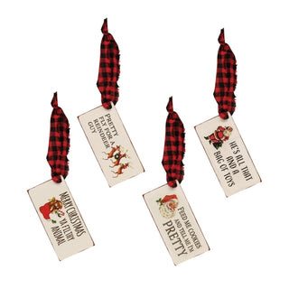 Four Christmas ornament tags with red and black buffalo plaid hanging ribbons, shown on a plain white background. Each tag has a different holiday-themed printed message and small illustration.