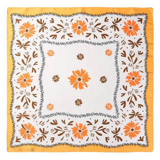 A square scarf with a white center, decorated with orange and brown floral motifs and a yellow border, shown flat against a white background.